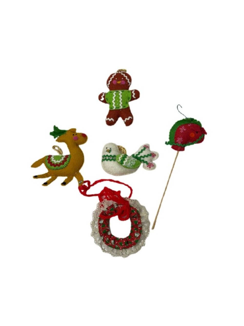 Vintage Felt Handcrafted Holiday Ornaments Multicolor Christmas Animal & Wreath